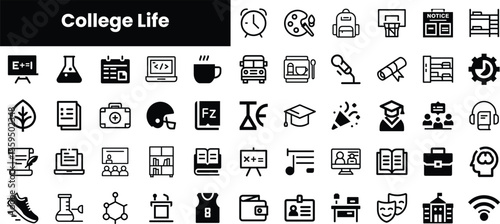 Various icons representing college life, including academics, extracurricular activities, and social aspects. Ideal for educational themes.