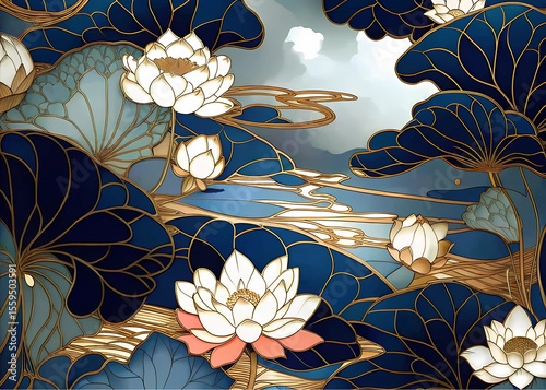 This collection showcases ten distinct artistic renderings of lotus flowers and blossoming motifs, each exhibiting a sophisticated blend of gold outlines, white petals, and varying shades of blue back
