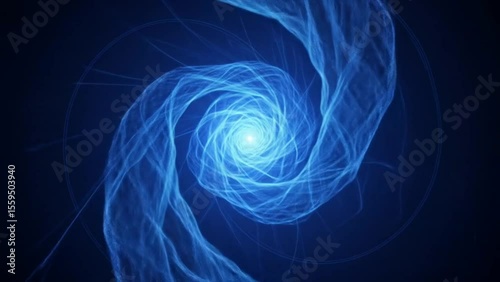 Blue swirling vortex of glowing light waves spiraling in deep digital space. Abstract design concept

