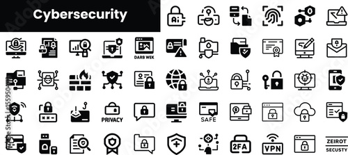 A collection of cybersecurity icons illustrating various aspects like data protection, privacy, and network security in a monochrome style.