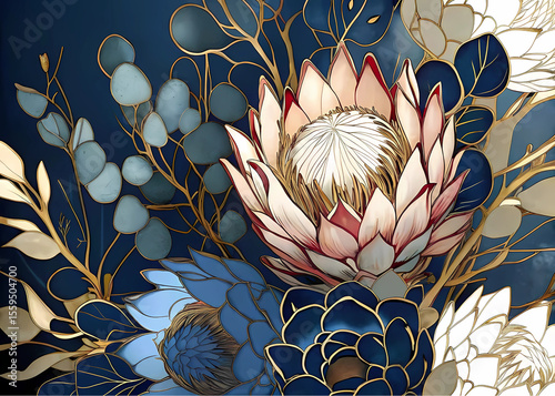 This collection showcases ten distinct artistic renderings of lotus flowers and blossoming motifs, each exhibiting a sophisticated blend of gold outlines, white petals, and varying shades of blue back