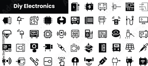 A diverse collection of DIY electronics icons, showcasing various components and tools in black and white for a modern, tech-savvy appeal.