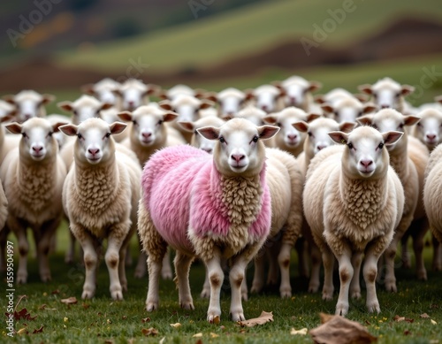 the image depicts a pastoral scene featuring a single sheep with a pink coat standing amidst a flock of white sheep, the flock appears to be looking towards the camera