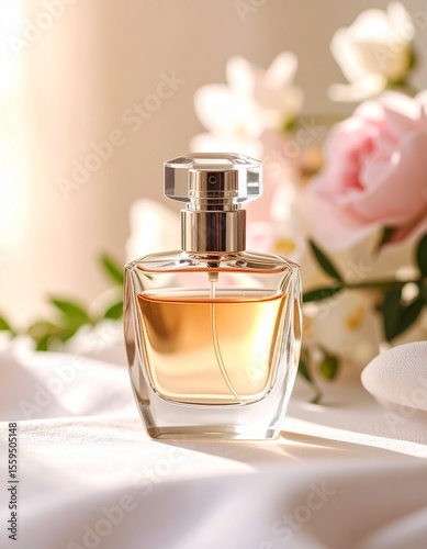 Perfume advertisement, fragrance and minimalism: A minimalist perfume advertisement, elegant glass fragrance bottle on a neutral-toned background.