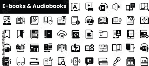 A collection of icons representing e-books and audiobooks, featuring various book types, headphones, and download symbols in a minimalistic black and white design.