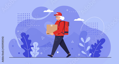A professional delivery worker in a red cap and jacket carries a brown package, depicted in a flat illustration style with a modern abstract background.