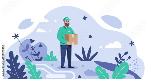A friendly delivery person holding a parcel walks through a stylized natural environment, symbolizing efficient shipping and logistics.