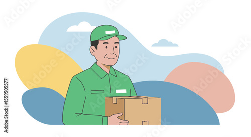 a delivery person in a green uniform and cap, holding a brown cardboard box. Suitable for landing page, banner, marketing, web design, presentation, infographic, etc.