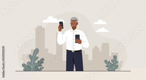 an older man standing in front of a city skyline, holding a smartphone in his hand. Suitable for landing page, banner, marketing, web design, presentation, infographic, etc.