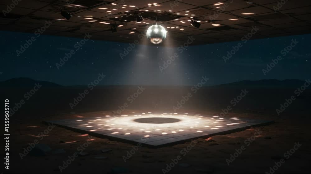 Surreal desert scene featuring a mirrored disco ball illuminating a square stage, under a night sky