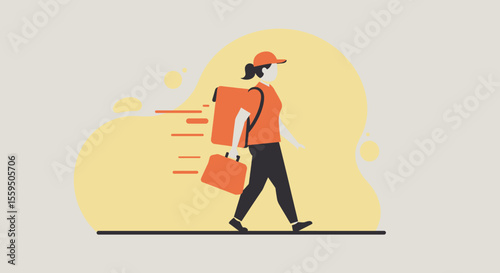 Flat design illustration of a delivery person walking with a large backpack, symbolizing fast and efficient service for food or package delivery.