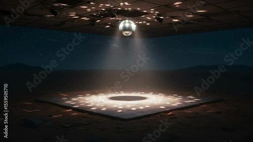 Surreal desert scene featuring a mirrored disco ball illuminating a square stage, under a night sky