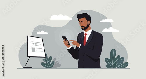 A professional businessman in a suit uses his mobile phone while standing next to a digital display with information and graphics.