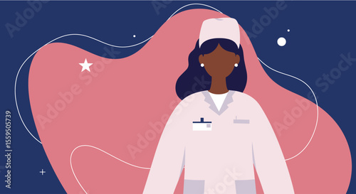 A confident African American female healthcare professional in a white uniform and cap is depicted in a modern flat illustration style.