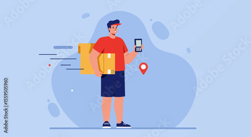A delivery man in a red shirt holds a package and a phone with a tracking app, set against a simple light blue background with abstract shapes.