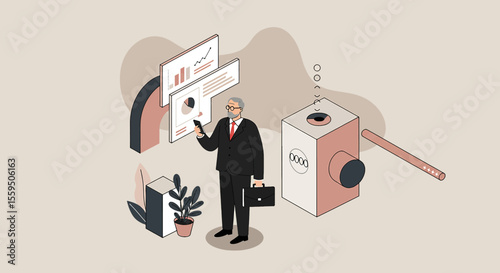 a man in a suit standing next to a box with a question on it