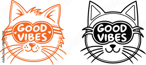 Cute cartoon cat face wearing sunglasses with the words good vibes written inside the lenses presented in both orange and black line art styles on a white background