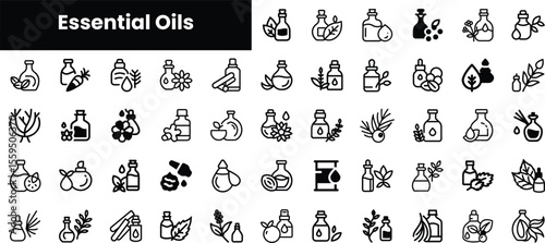 A diverse collection of essential oil icons featuring various plants, leaves, and bottles, showcasing the natural ingredients often used for aromatherapy and wellness.