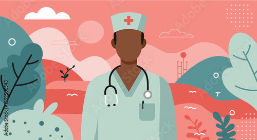 a medical professional, likely a doctor, wearing a white coat and a cap with a red cross. Suitable for landing page, banner, marketing, web design, presentation, infographic, etc.