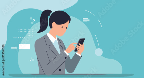 a woman in a business suit using a smartphone, with abstract geometric shapes and symbols in the background. Suitable for landing page, banner, marketing, web design, presentation, infographic, etc.