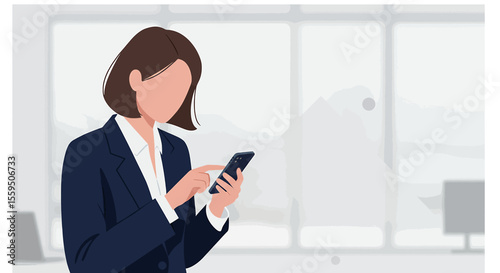 a woman in a business suit looking at her smartphone, with a blurred office background. Suitable for landing page, banner, marketing, web design, presentation, infographic, etc.