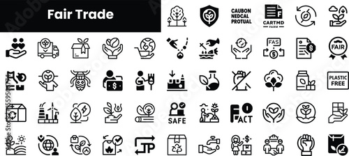 A diverse collection of icons representing Fair Trade concepts, emphasizing sustainability, ethical practices, and community support in a minimalistic black and white design.