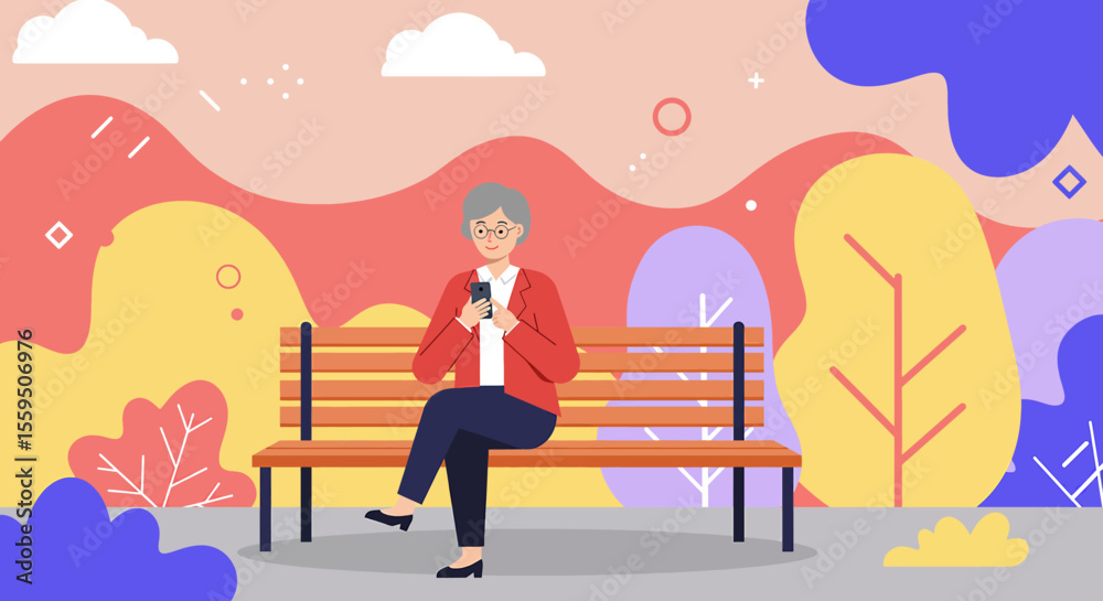 Naklejka premium A senior woman sits on a park bench using her smartphone, enjoying the tranquil atmosphere of nature and technology in a vibrant, colorful illustration.