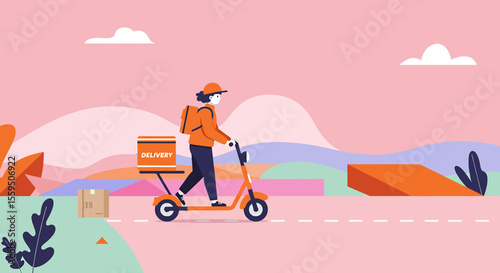 A delivery person on an electric scooter with a thermal bag navigates a stylized cityscape, symbolizing fast urban logistics.