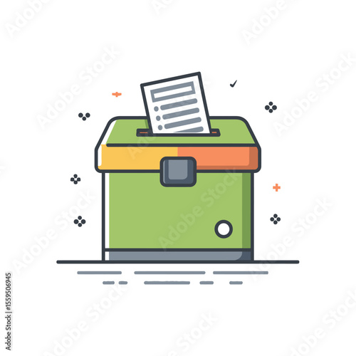 Ballot box with paper and colorful details on a white background