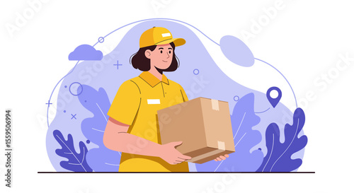 Smiling delivery person in uniform holding a package, representing efficient logistics and reliable shipping services.