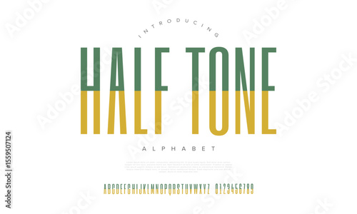 A condensed tall font with dual color split effect, great for impactful branding and magazine titles