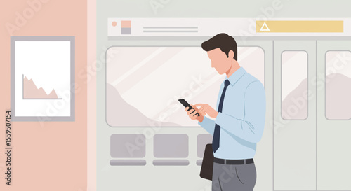 A man dressed in a blue shirt and tie is standing in a train car, engrossed in his phone. Suitable for landing page, banner, marketing, web design, presentation, infographic, etc.
