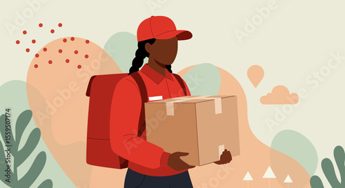 a delivery person in a red cap and jacket, carrying a brown cardboard box. Suitable for landing page, banner, marketing, web design, presentation, infographic, etc.
