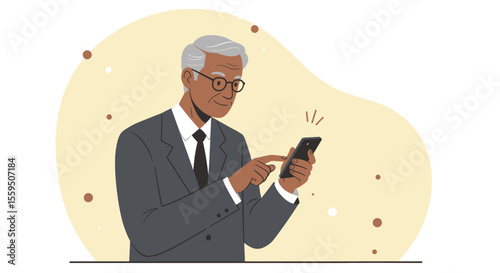 an elderly man in a suit and glasses using a smartphone, with a yellow background and scattered dots. Suitable for landing page, banner, marketing, web design, presentation, infographic, etc.
