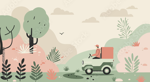 a man driving a vehicle through a lush, stylized landscape with trees, plants, and a cloudy sky. Suitable for landing page, banner, marketing, web design, presentation, infographic, etc.