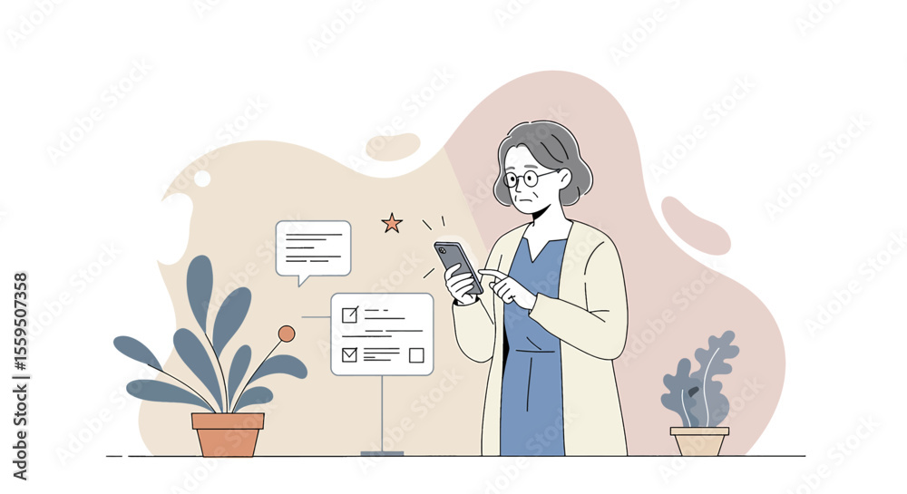 Naklejka premium a woman in a lab coat is using her phone