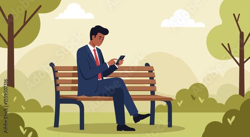 A man dressed in a suit is seated on a park bench, engrossed in his phone. Suitable for landing page, banner, marketing, web design, presentation, infographic, etc.