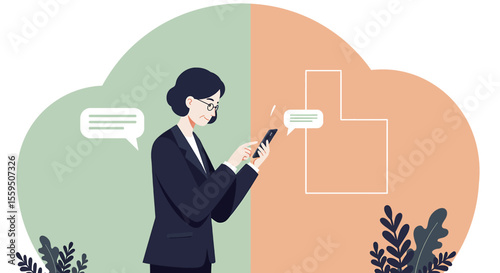 a woman in a business suit using a smartphone, with two speech bubbles indicating a conversation. Suitable for landing page, banner, marketing, web design, presentation, infographic, etc.