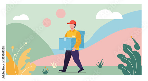 A delivery man in a cap carrying a package walks through a stylized, colorful landscape with plants and rolling hills.