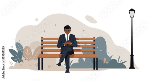 A man dressed in a suit is seated on a wooden bench, engrossed in his phone, with a street lamp to his right. Suitable for landing page, banner, marketing, web design, presentation, infographic, etc.