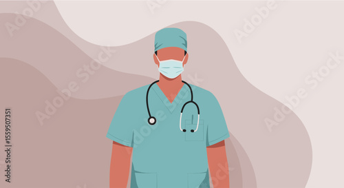 a medical professional, likely a doctor or nurse, wearing a surgical mask and a stethoscope around their neck. Suitable for landing page, banner, marketing, web design, presentation, infographic, etc.