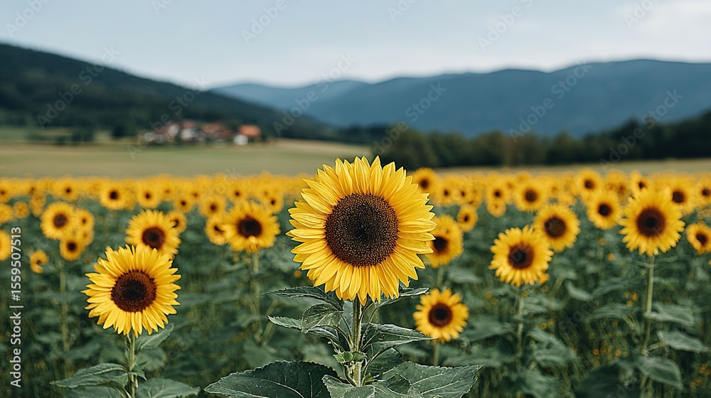 Fototapeta premium A field of sunflowers stretches towards a distant mountain range.