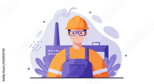 A male industrial worker in a hard hat and safety glasses stands in front of a factory illustration, representing labor and industry.