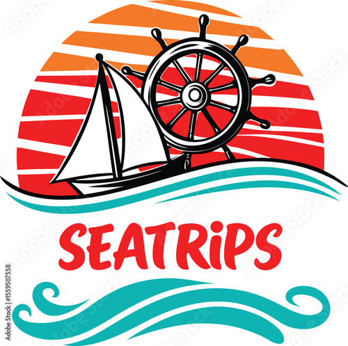 Nautical logo featuring a sailboat ship s wheel and waves against a stylized sunset perfect for sea trips and maritime adventures
