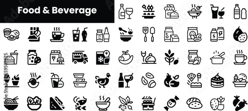 A diverse collection of black and white food and beverage icons, featuring drinks, snacks, and meals, perfect for culinary projects or graphic design.