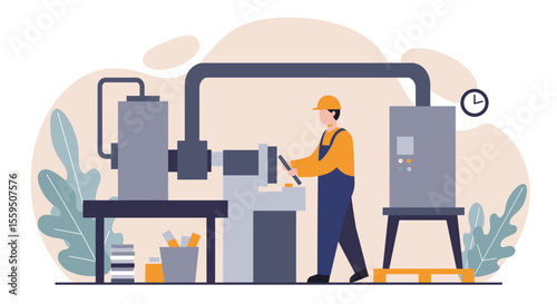 A male factory worker in a hard hat diligently operates industrial machinery, illustrating modern manufacturing processes in a clean industrial environment.