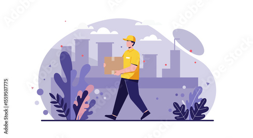 Delivery person in yellow uniform walking with a package in a city setting, providing a modern illustration of fast and efficient courier services.