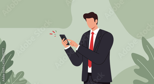 A professional businessman in a suit actively uses his smartphone, engaging with technology in a modern abstract setting with green foliage.