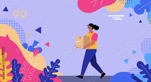 A cheerful female courier in a vibrant flat design illustration walks purposefully, delivering a cardboard package against a colorful abstract background.