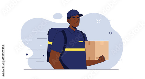 A delivery man with a backpack is carrying a cardboard box against an abstract background, symbolizing fast and reliable shipping services for e-commerce businesses.